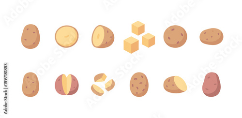 A collection of potato illustrations in whole, cut, and diced forms, rendered in a simple, flat design style against a clean white background.