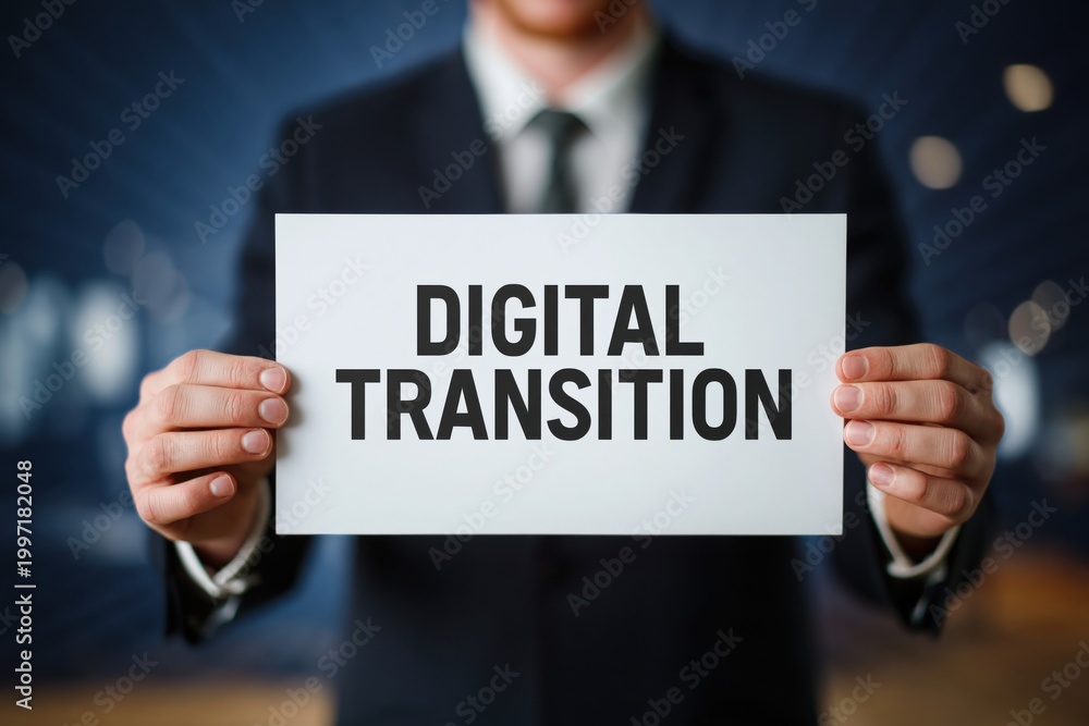 Obraz premium Businessman Showing a Sign for the Digital Transition Process
