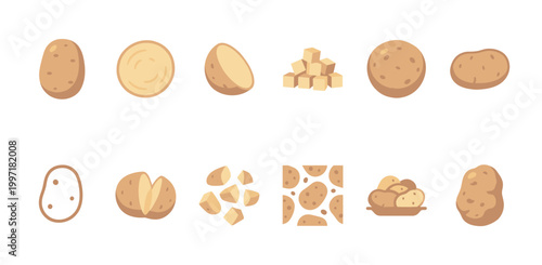 A clean, modern vector set featuring various potato illustrations, including whole potatoes, sliced, diced, and a pattern, ideal for food blogs and recipes.