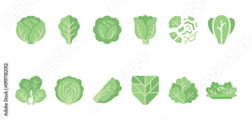 A clean, minimalist collection of flat design icons showcasing various types of green lettuce and cabbage, perfect for healthy eating and grocery themes.