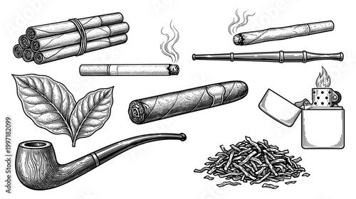 Tobacco smoking set with cigar pipe cigarette and lighter engraving