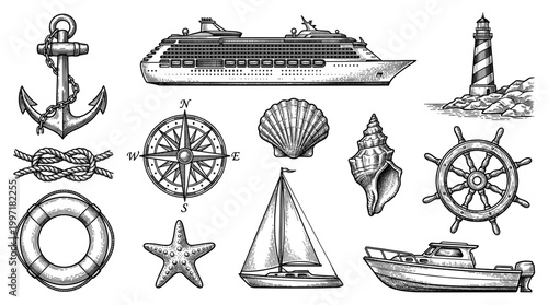 Vintage nautical marine set with ship anchor lighthouse and compass engraving