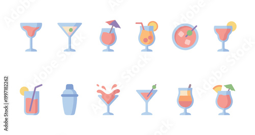 A collection of 12 colorful, flat design icons representing various cocktails and bar accessories on a white background, perfect for party or beverage-related themes.