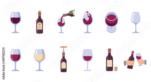 A collection of flat design illustrations featuring wine bottles and glasses, depicting pouring, splashing, and toasting, ideal for culinary or celebratory themes.