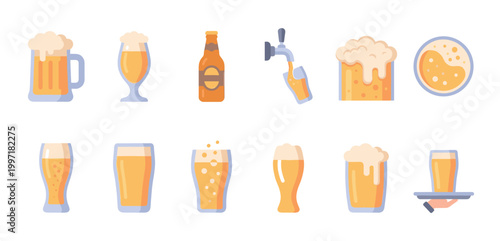 A vibrant collection of flat design icons showcasing various types of beer glasses, a bottle, and a tap, perfect for menus or beverage promotions.