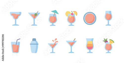 A collection of flat design vector icons representing various cocktails, bar drinks, and barware, perfect for beverage and nightlife themed projects.