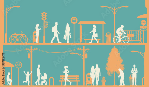 Illustration of people walking in the city and in the park, 2D architectural model style. Editable vector.