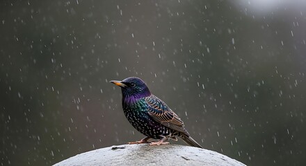 Starling bird perched in the rain with textured plumage and bokeh background