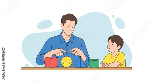 Father teaching son geometry shapes, math education, early childhood development, learning shapes