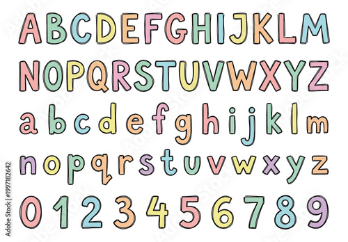 Hand drawn colorful alphabet doodle set with number and letter abc