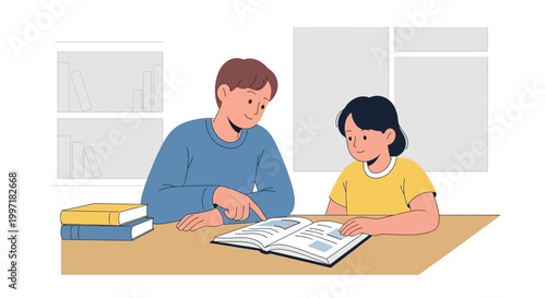 Father teaching son reading book, education, learning, family bonding, homework help, knowledge sharing