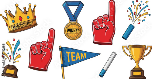 Sport Championship and Winner Icons Set Featuring Trophy, Medal, Team Flag, Foam Finger, Crown, and Confetti for Event Celebration and Award Design
