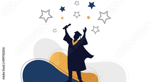 Graduation Celebration: Silhouette of a Graduate Holding Diploma with Stars Above