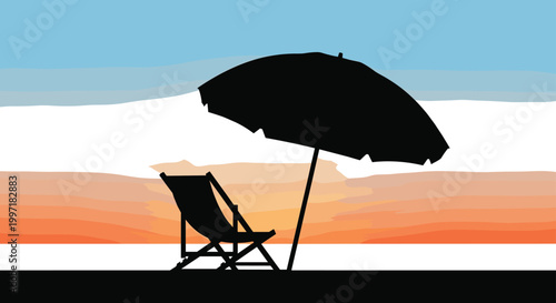 Beach sunset silhouette with lounge chair and umbrella for summer vacation and travel concepts