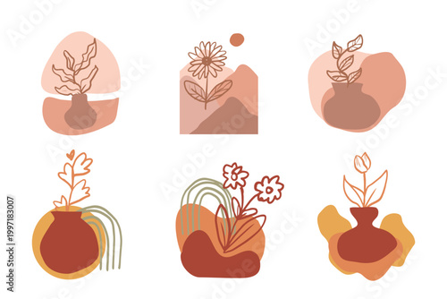 Abstract floral compositions with minimalist vases in earth tones collection