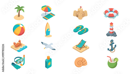 Isometric summer beach and vacation icons set including palm tree, sandcastle, surfboard, and other holiday elements.