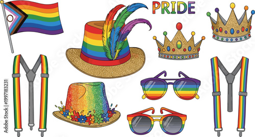 Pride Celebration Illustration Set Featuring Rainbow Hats, Glasses, Suspenders, Crowns, and Flags for LGBTQ+ Event and Design Projects
