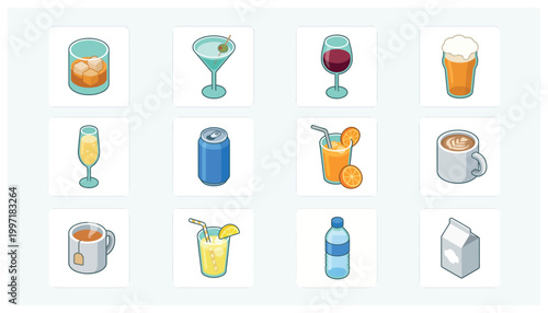 Collection of various isometric beverage icons including alcoholic and non-alcoholic drinks, perfect for menus or digital designs.