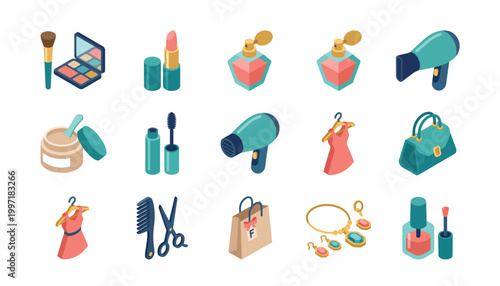 Beauty and Fashion Accessories Collection: Isometric Icons for Cosmetics, Hair Care, and Apparel.