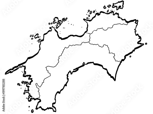 四国地図 筆タッチ 県区分 和風 西日本 / A brushstroke map of Shikoku 2