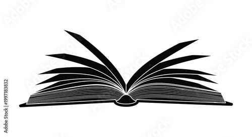 An open book with dramatically fanned pages displayed as a striking silhouette