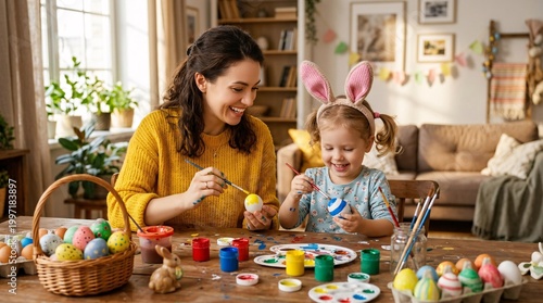 Smiling young mother in a yellow sweater and her little daughter wearing pink bunny ears joyfully paint Easter eggs at a dining room table.