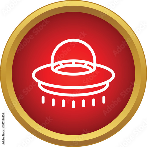 Flying saucer spaceship icon on a red button symbolizing alien life and space travel