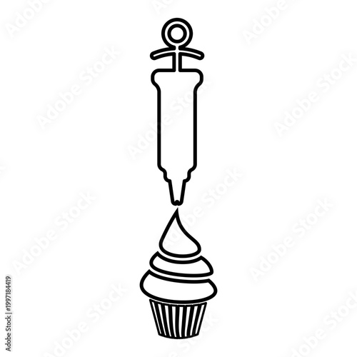 Confectionery syringe icing pastry cupcake pastry with cream contour outline line icon black color vector illustration image thin flat style