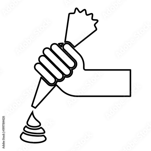Pastry bag in hand for extraction cream squeeze icing contour outline line icon black color vector illustration image thin flat style