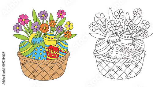 Colorful Easter basket with decorated eggs and spring flowers beside a black and white outline version for kids coloring book page or activity.