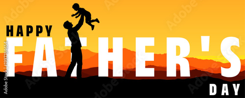 happy father's day silhouette of dad lifting child. orange sunset mountain landscape vector illustration, family love concept