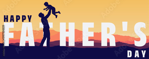 happy father's day silhouette of dad lifting child. warm sunset mountain landscape vector illustration, family love concept