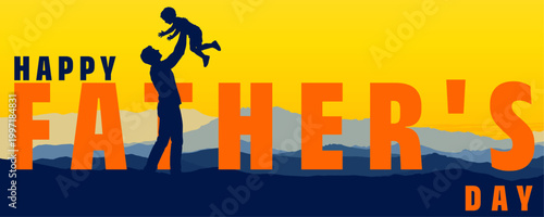 happy father's day silhouette of dad lifting child. family love vector illustration with mountains and sunset background