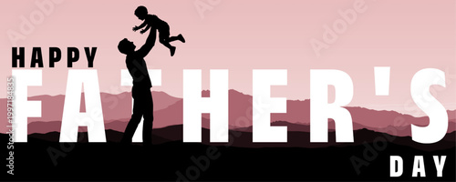 happy father's day silhouette with dad lifting child. family love celebration vector illustration, pink mountain sunset background