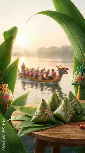 Zongzi sticky rice dumpling food item, traditional chinese duanwu festival celebration, cultural dragon boat regatta racing on river water at sunrise, green bamboo leaf decoration.