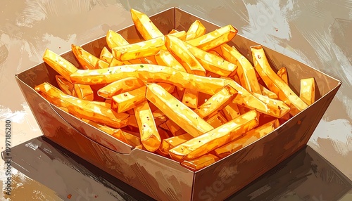 Digital painting of a rectangular container filled with golden, seasoned french-fried potatoes, bathed in warm lighting