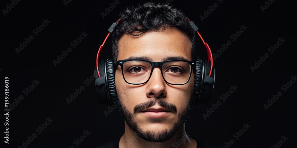 Obraz premium Young Brazilian gamer with headphones and glasses looking at the camera
