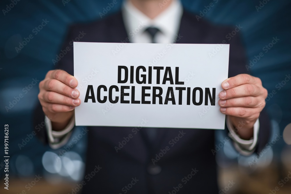 Obraz premium Innovator Holding a Sign for Digital Acceleration