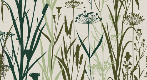 Seamless Pattern of Wild Grasses and Reeds in Silhouette, Botanical Illustration