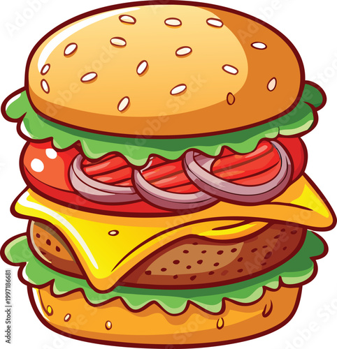 cartoon hamburger with colorful ingredients on white background