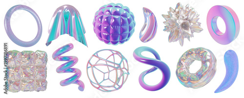 Set of 3d holographic liquid shapes, iridescent chrome fluid abstract forms isolated on transparent background. Render of geometric metal illustrations