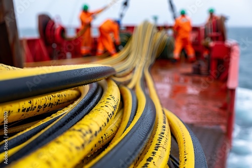 Workers on ship deploy submarine fiber optic cables across rough ocean, managing heavy industrial equipment for global telecommunications, energy and offshore infrastructure connectivity project opera