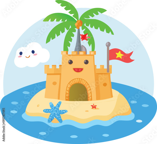 whimsical sandcastle with palm tree and smiling cloud