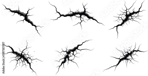 Black Ground Crack and Fracture Effect Collection with Various Split and Break Patterns for Grunge and Destruction Design Projects
