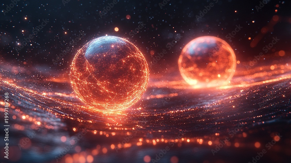 Obraz premium Abstract Quantum Entanglement Visualization: Two luminous subatomic particles are connected by a twisted beam of light, surrounded by a rotating holographic data ring—a digital technology concept.