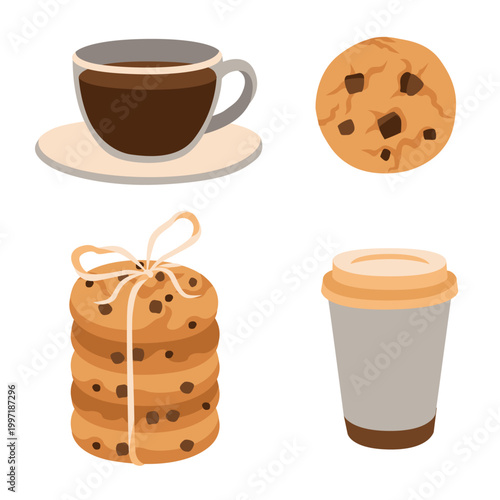 Hand-drawn illustrations of homemade cookies, cup of black tea or coffee and takeaway paper cup for packaging, menu, cafe