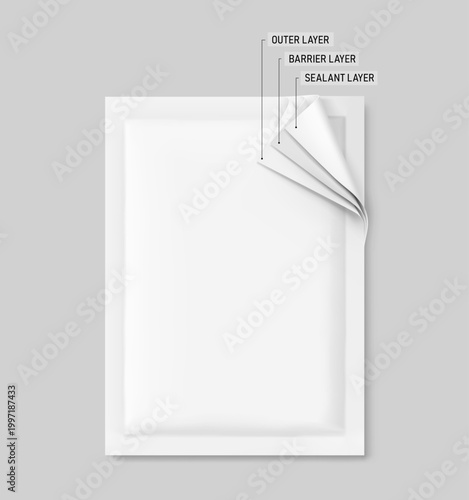 Four side seal sachet bag with tear notch mockup for example of a multilayer  packaging film structure. Vector illustration isolated on grey background. Can be use for template your design. EPS10.