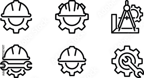 Construction and engineering icons set with hard hat gear tools blueprint compass repair symbols outline vector collection isolated on light background