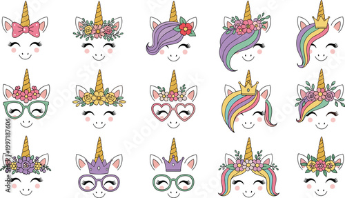 Cute Unicorn Face Collection with Floral Crowns, Rainbow Hair, and Glasses in Various Styles for Kids and Fantasy Designs