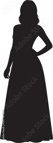 elegant woman in long dress silhouette back view